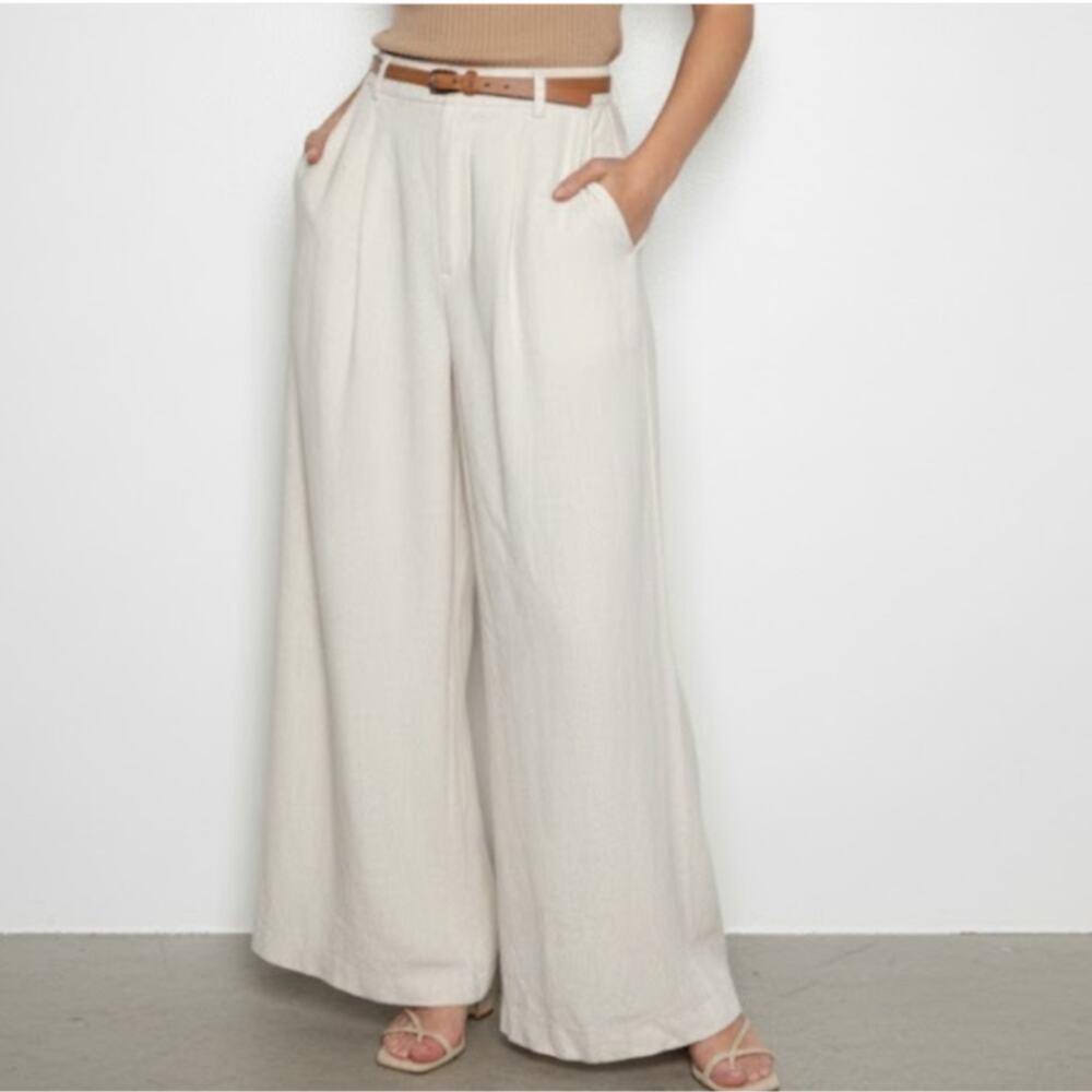 BLENCA Wide Leg Pleated Pants High Waist Linen Blend Oatmeal Womens Size L NWT